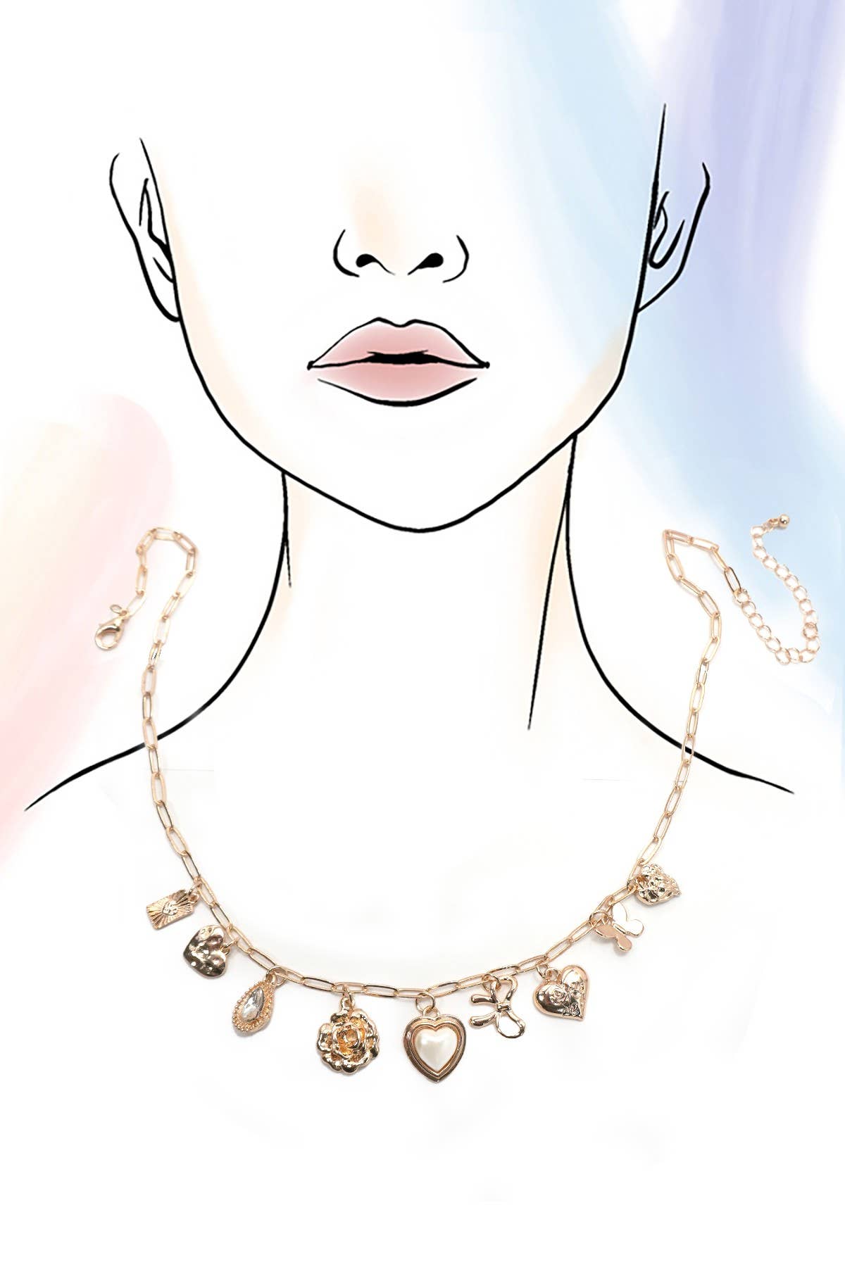 Charm Necklace-Bow Heart Rhinestone Flower