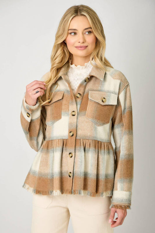 Peplum Fringe Plaid Jacket - Southern Sassy Boutique