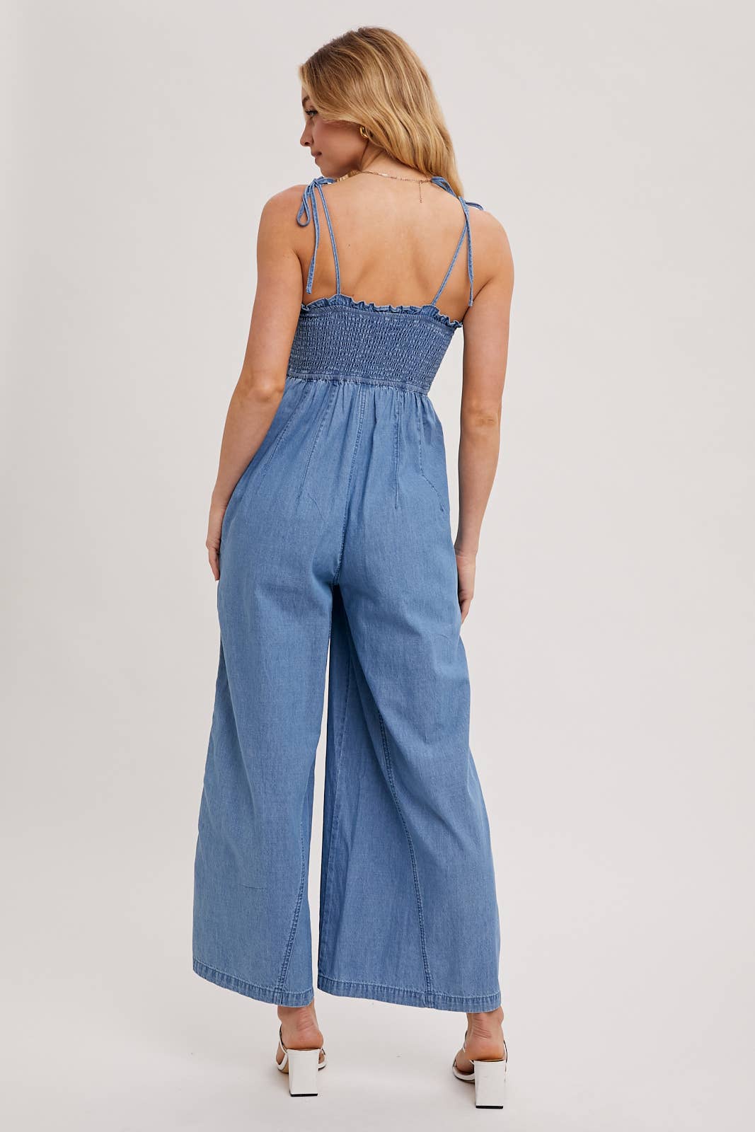 DENIM SMOCKED STRAP WIDE LEG JUMPSUIT