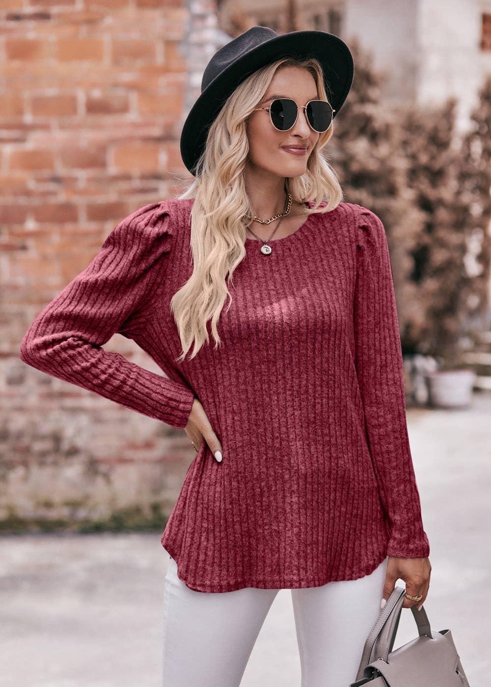 Soft Ribbed Knit Puff Sleeve Top