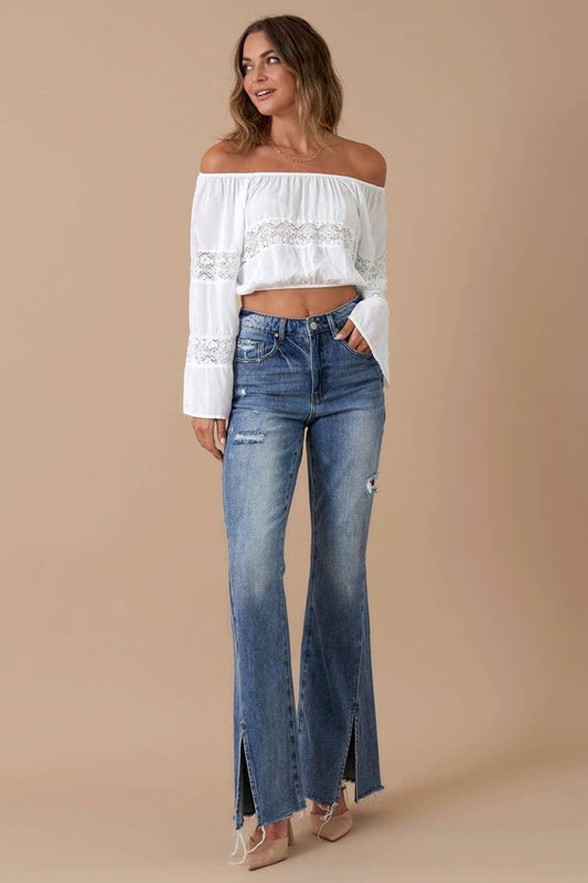 High Rise Front Slit Flare Distressed Denim - Southern Sassy Boutique