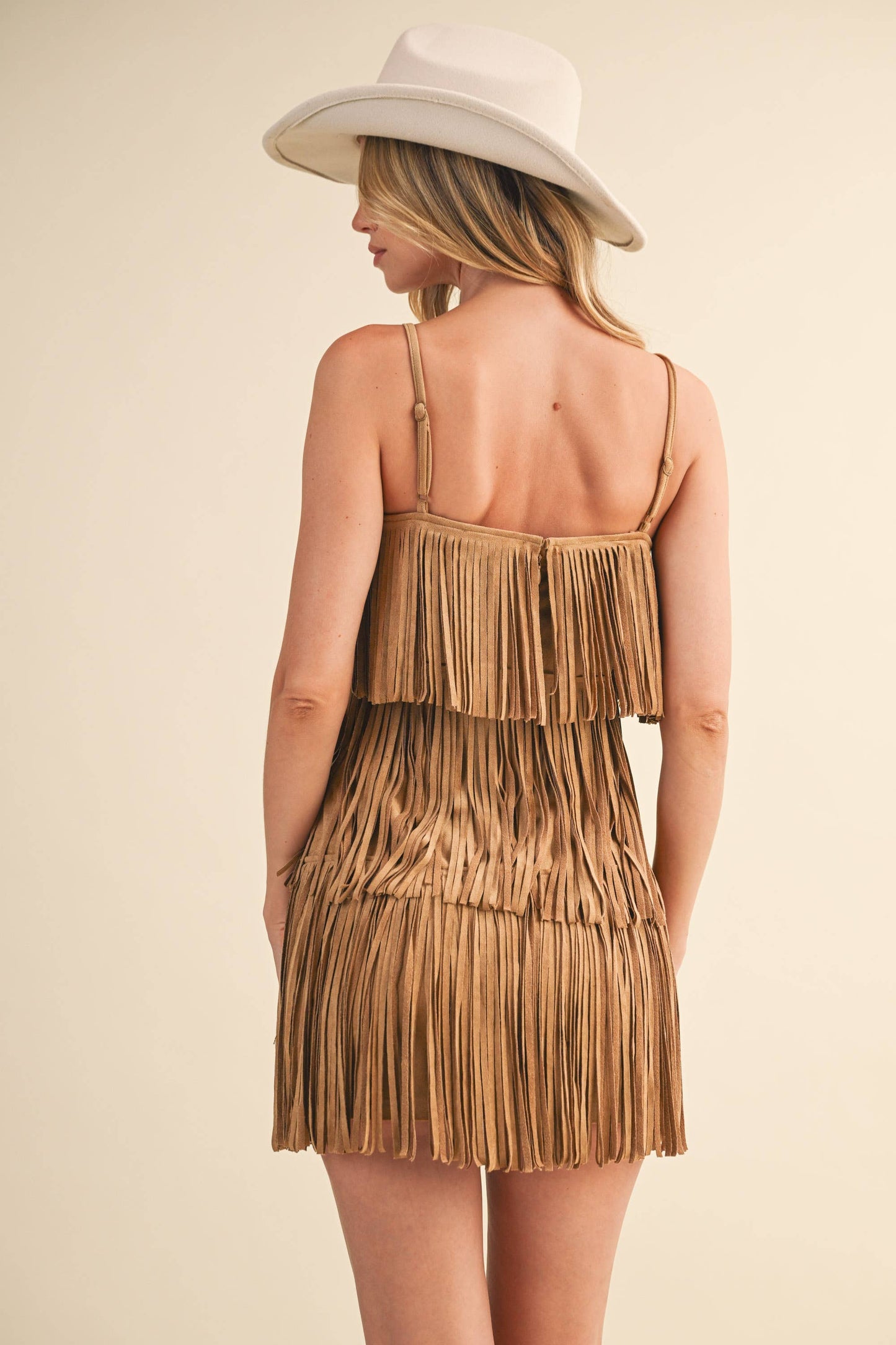 TIERED SUEDE FRINGED SLEEVELESS MINI DRESS