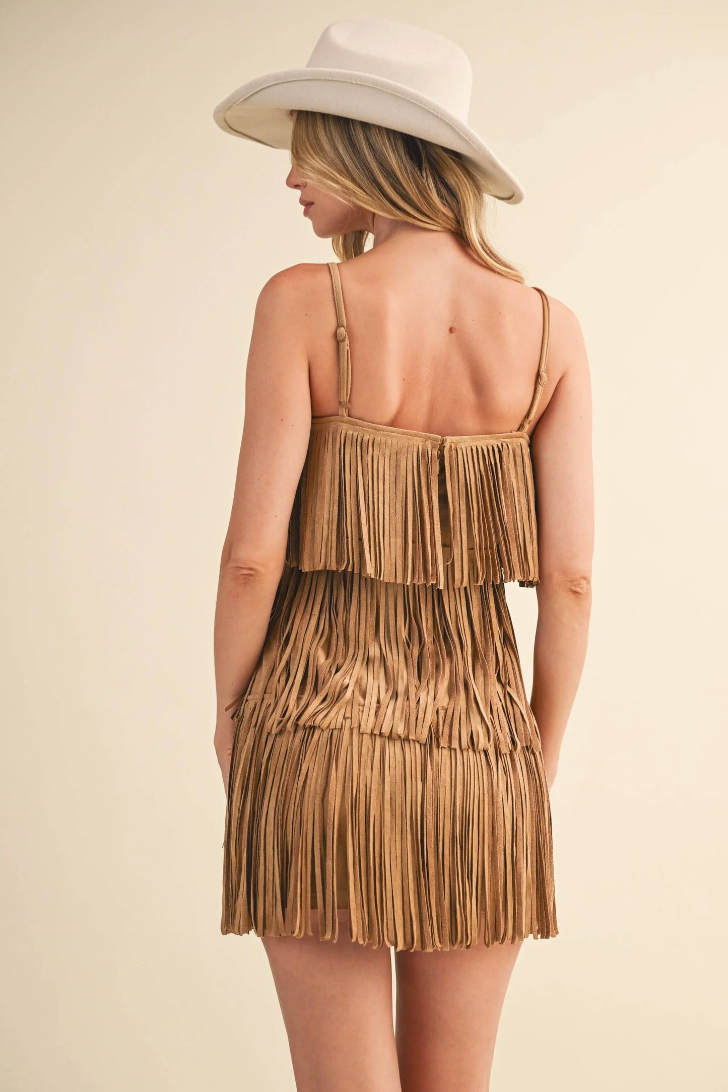 TIERED SUEDE FRINGED SLEEVELESS MINI DRESS - Southern Sassy Boutique