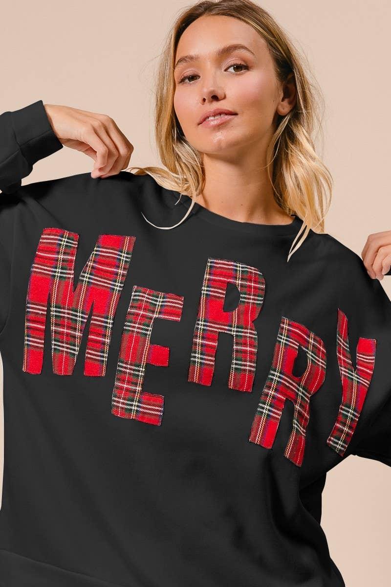 Plaid Merry Lettering Christmas Fleece Sweatshirt - Southern Sassy Boutique