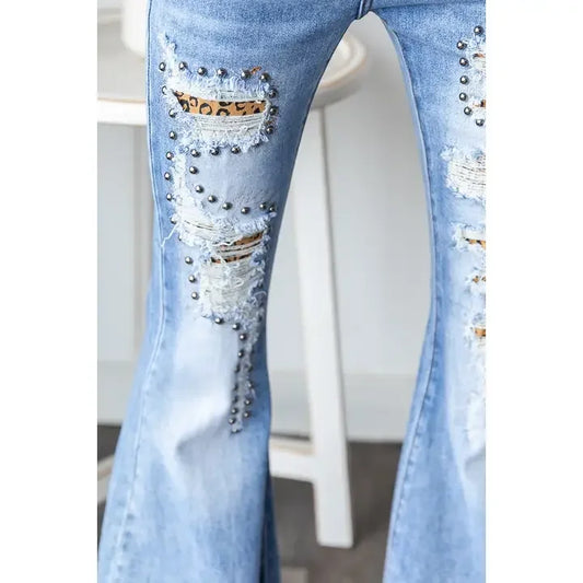 Stretchy Flare Studded Denim - Southern Sassy Boutique