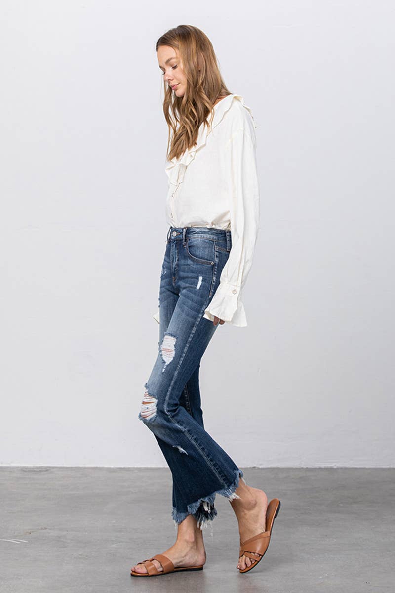 High Stretch Mid Rise Frayed Hem Distressed Crop Flare Jeans