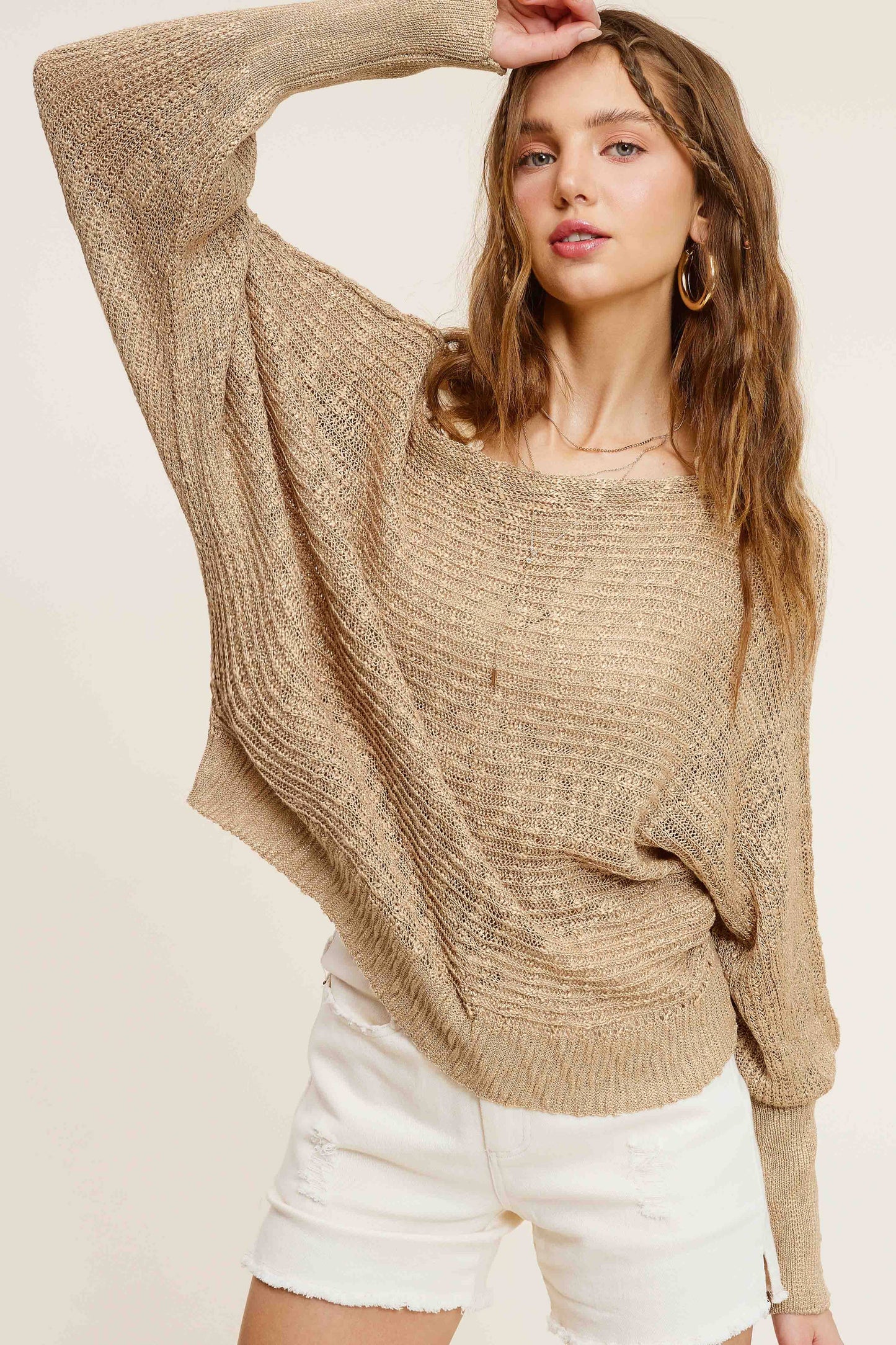 Lightweight Dolman Sleeve Boat Neck Sweater Top