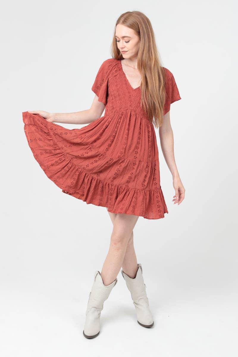 V NECK SMOCKED BODICE EYELET EMBROIDERED DRESS - Southern Sassy Boutique