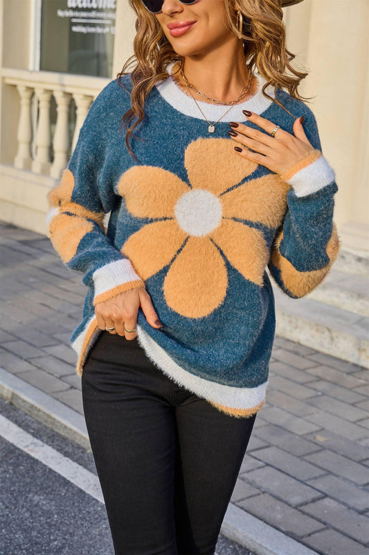 Fuzzy Flower Knit Sweater SZ53-SW9371 - Southern Sassy Boutique