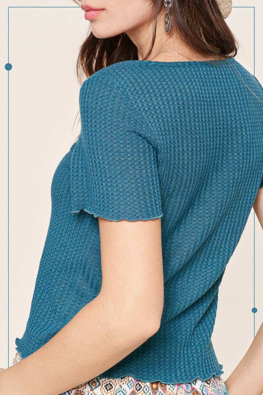Stretchy Brushed Waffle Knit Short Sleeve Button Top