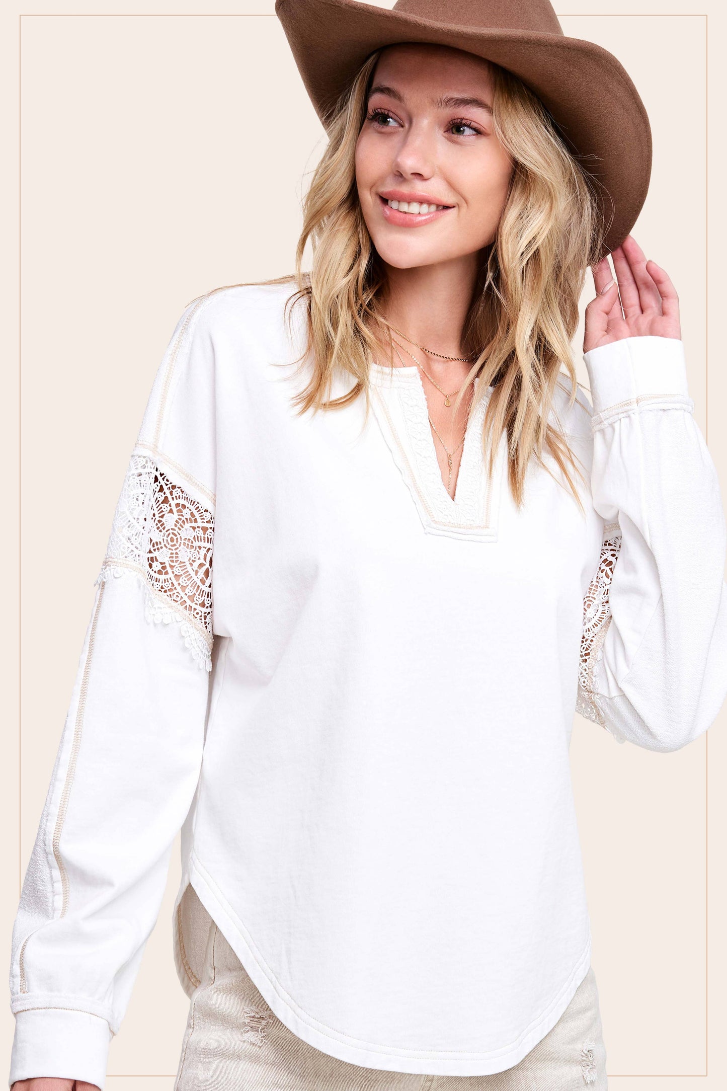 Embroidered Crochet V-neck Long Sleeve Top
