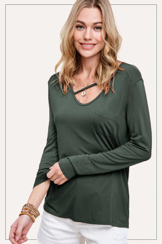 Super Stretchy Cutout Front Pocket Long Sleeve Top - Southern Sassy Boutique