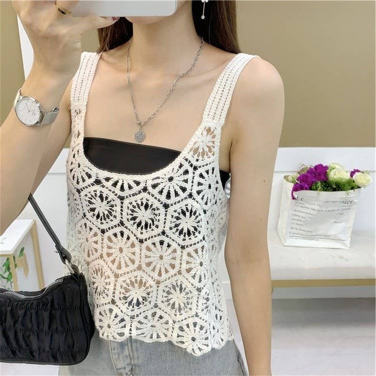 Vintage Embroidery Hollow Out Crochet Knit Vest