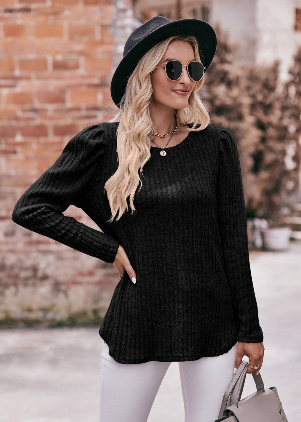 Soft Ribbed Knit Puff Sleeve Top
