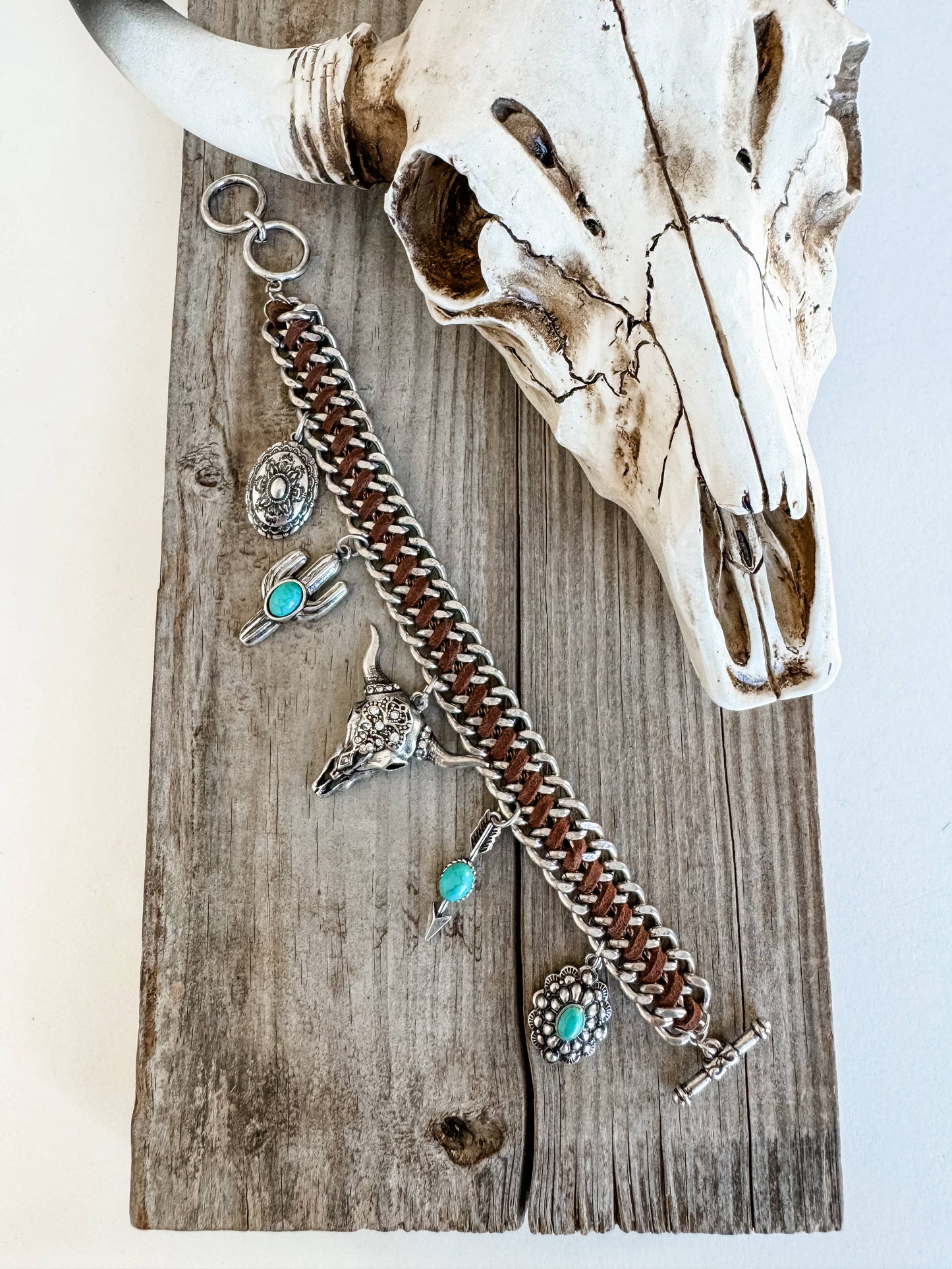 Western Charm Concho Bracelet - Cactus Arrow Conch Steer