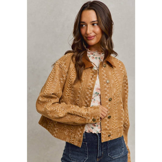 Floral Pattern Twill Corduroy Collar Denim Jacket