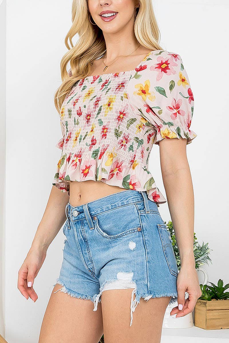 Smoked Floral Puff Top