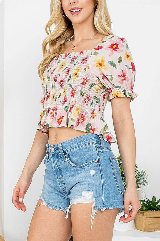 Smoked Floral Puff Top - Southern Sassy Boutique