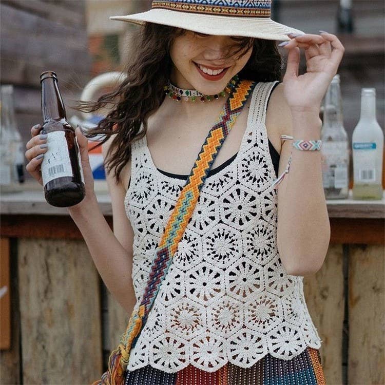 Vintage Embroidery Hollow Out Crochet Knit Vest
