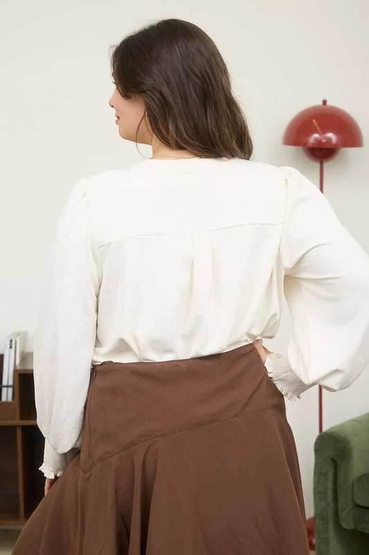 PLUS NECK CUFF TOPKTIE LONG SLEEVE WITH SMOCKED CUFF TOP - Southern Sassy Boutique