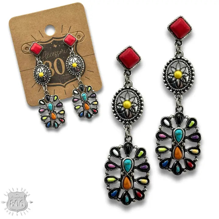 Flower Concho Post Triple Drop Earrings