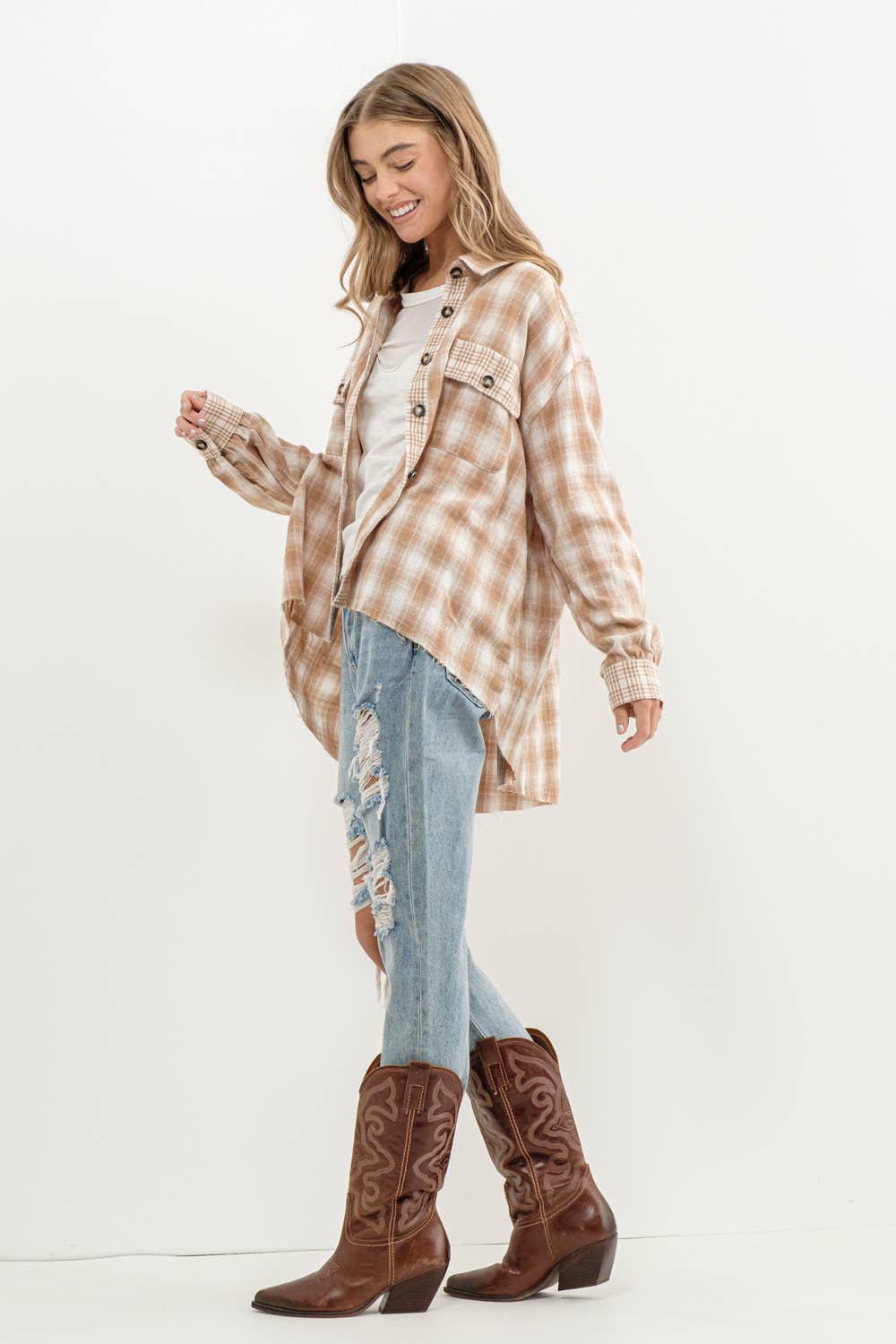 Yarn Dyed Mixed Contrast Crop Frayed Bottom Shirt