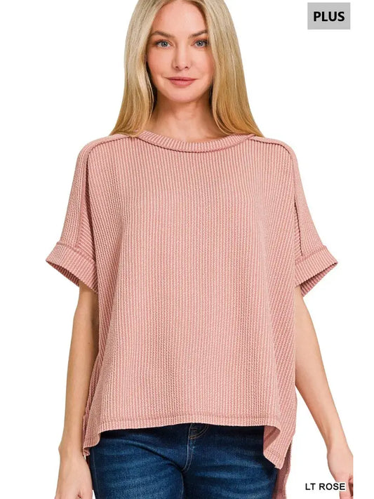 Curvy Raised Rib Cuff Sleeve Raw Edge Top