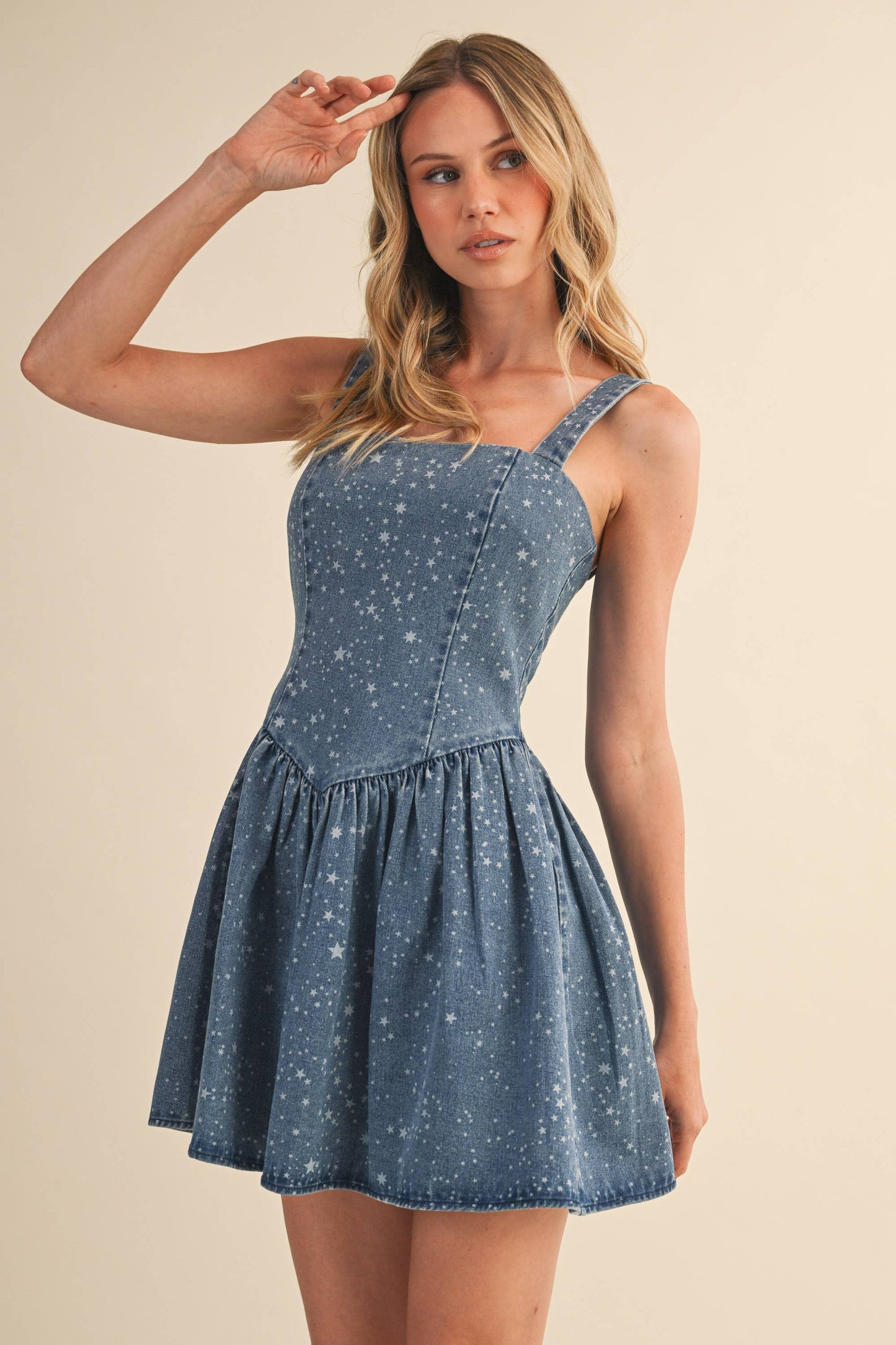 STAR PRINTED DENIM FLARED MINI DRESS
