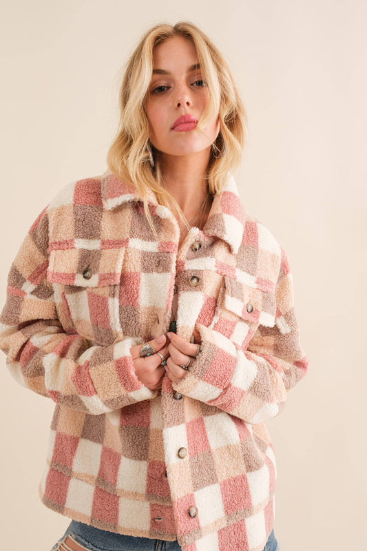 Checkered Teddy Chest Pocket Oversized Jacket