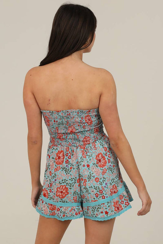 Smoked Bodice Lace Trim Strapless Romper