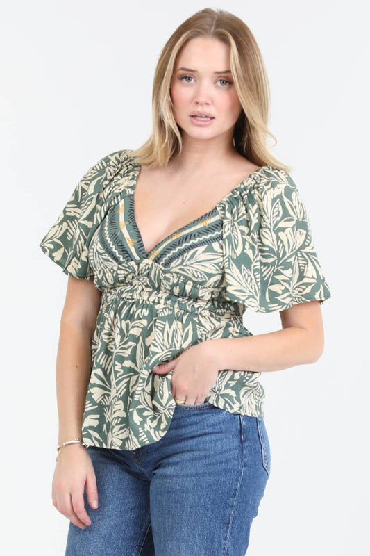 Strappy V Neck Top with Puff Sleeves
