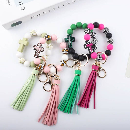 Western Style Cross Bead Tassel Keychain