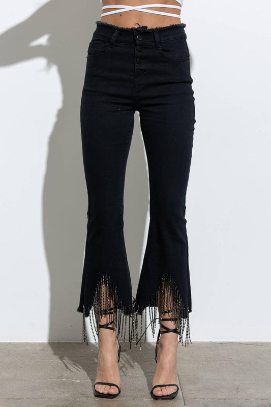 RHINESTONE FRINGE DENIM PANTS - Southern Sassy Boutique