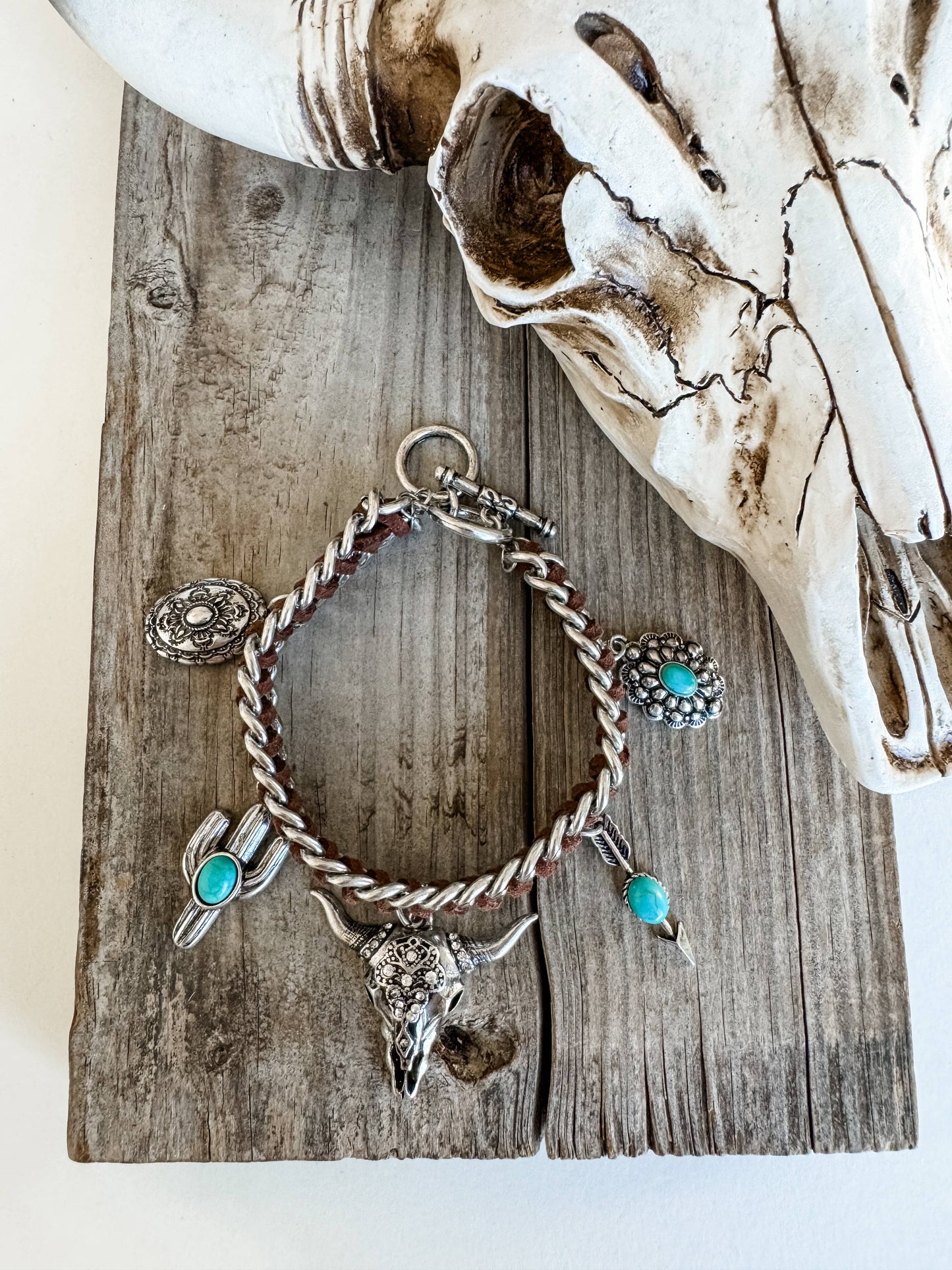 Western Charm Concho Bracelet - Cactus Arrow Conch Steer
