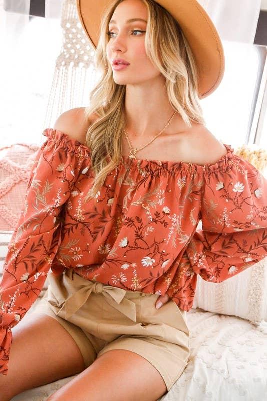 Floral Eyelet Lace Tie Front V-Neck Long Puff Blouse Top Off Shoulder Woven Blouse Top - Southern Sassy Boutique