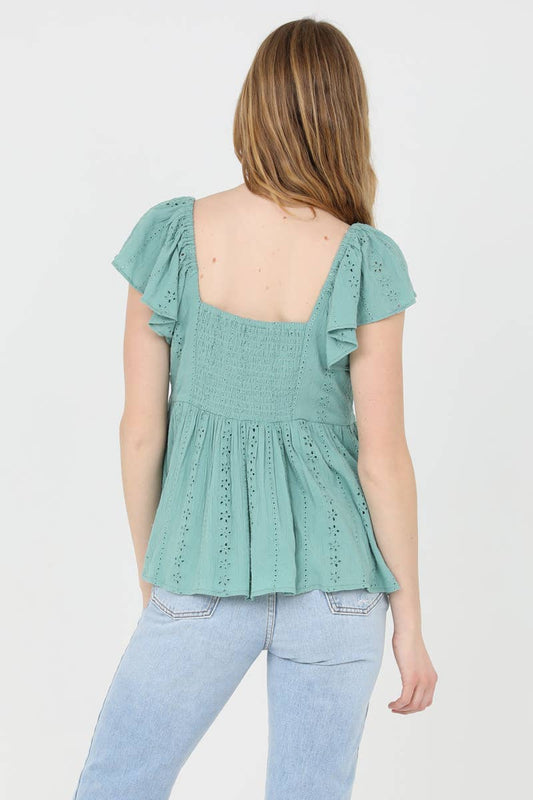 Eyelet Embroidered Notch Front Top