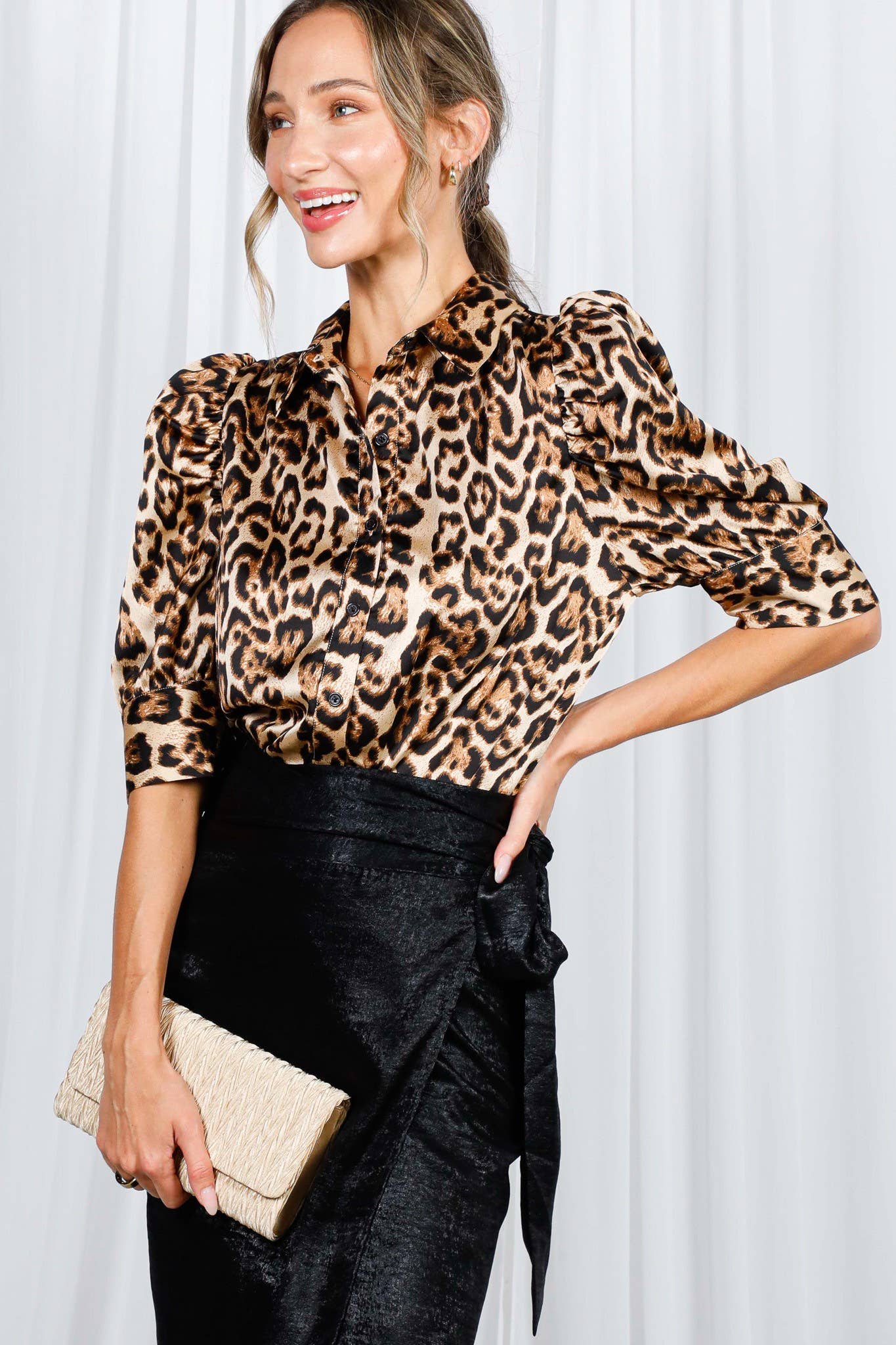 Leopard-Print Collared Puff Sleeve Satin Blouse