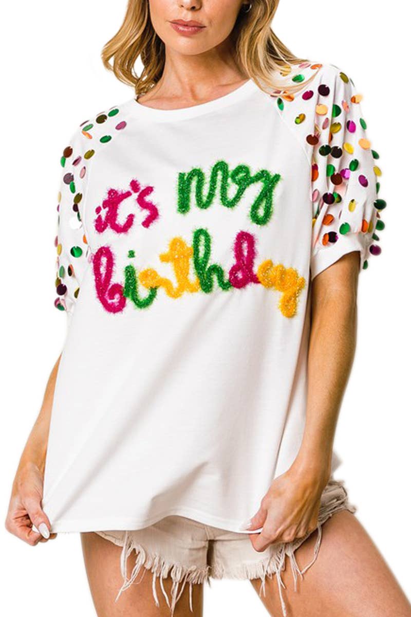 Metallic Letter Spangle Raglan Puff Sleeve Top