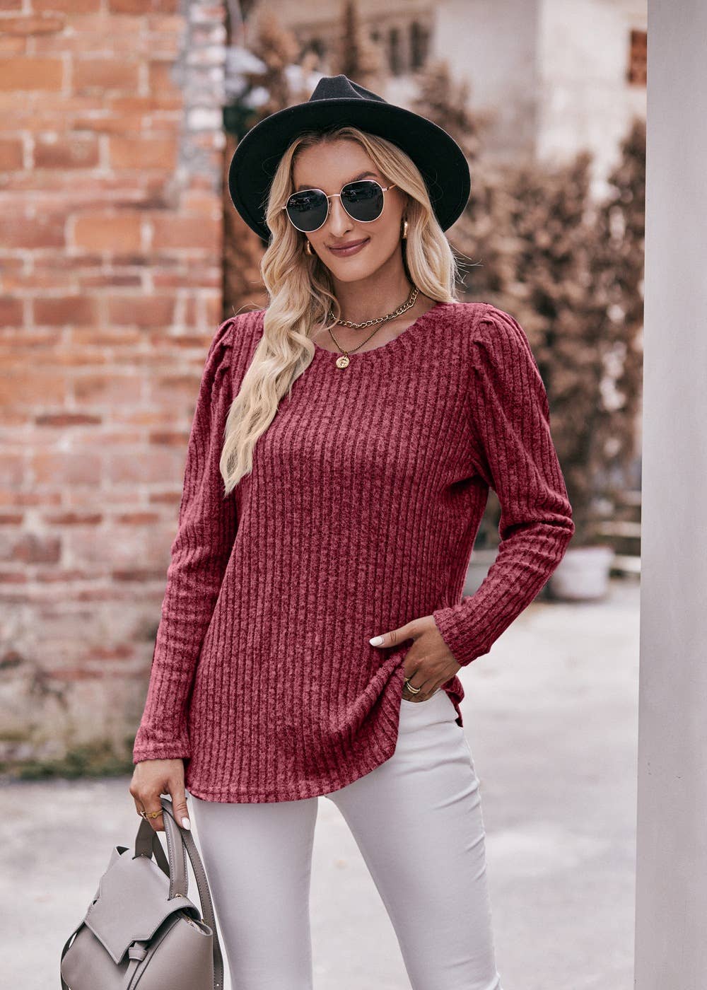 Soft Ribbed Knit Puff Sleeve Top