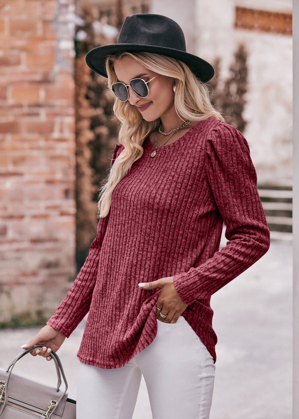 Soft Ribbed Knit Puff Sleeve Top