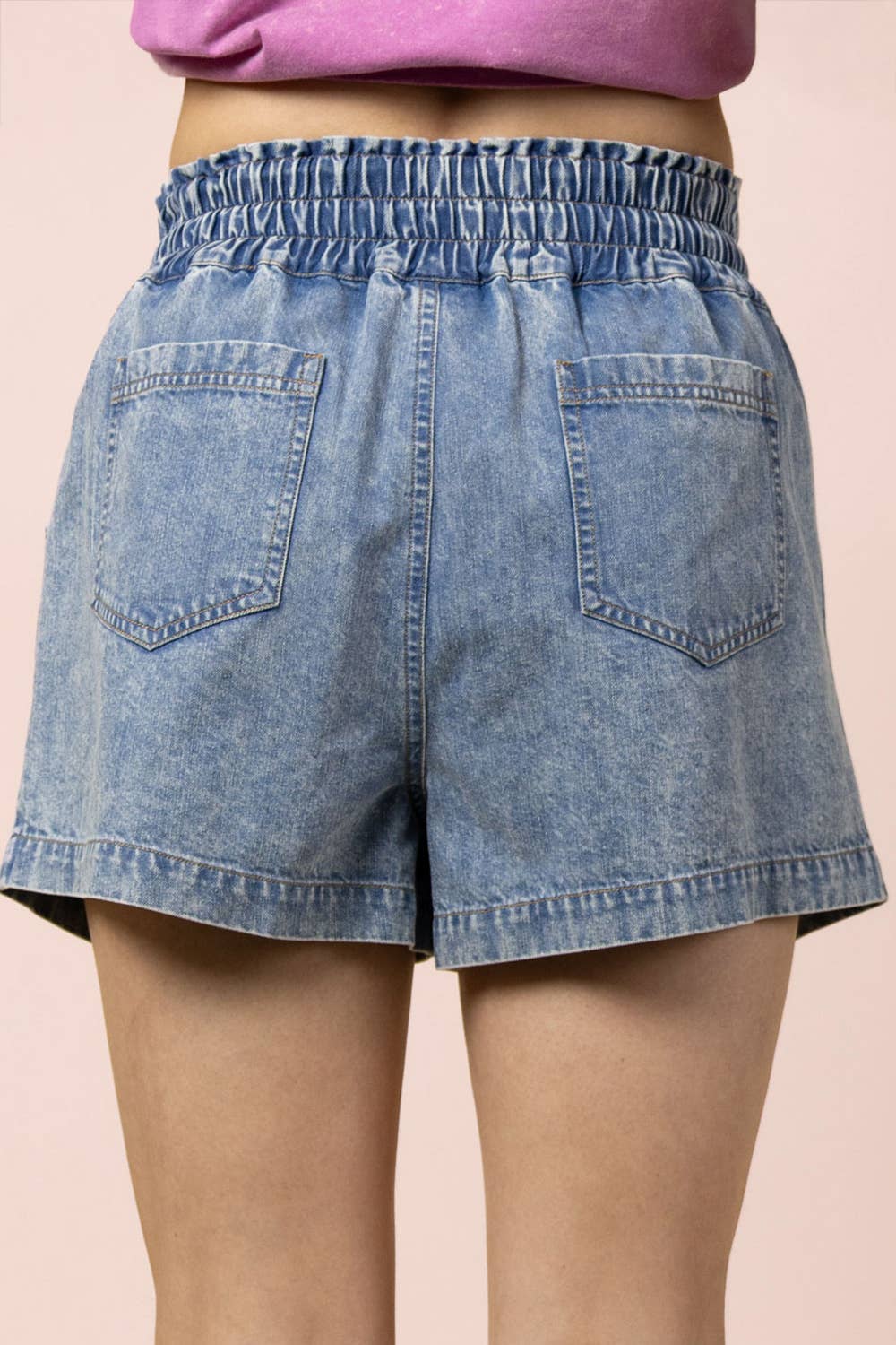 Curvy Elastic Waist Washed Chambray Shorts