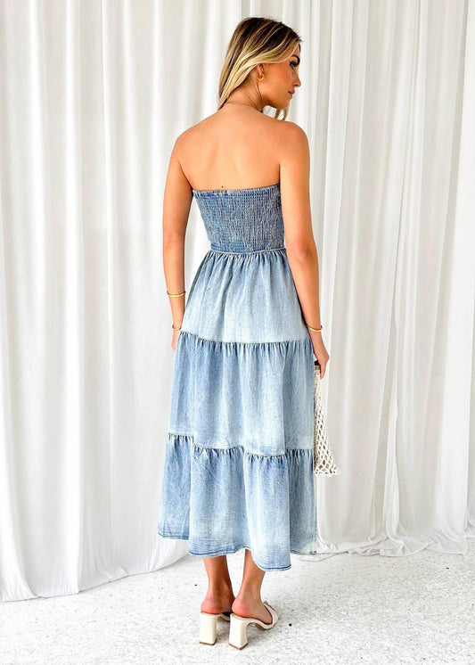 Off-Shoulder Hem Slit Jean Dress - Southern Sassy Boutique