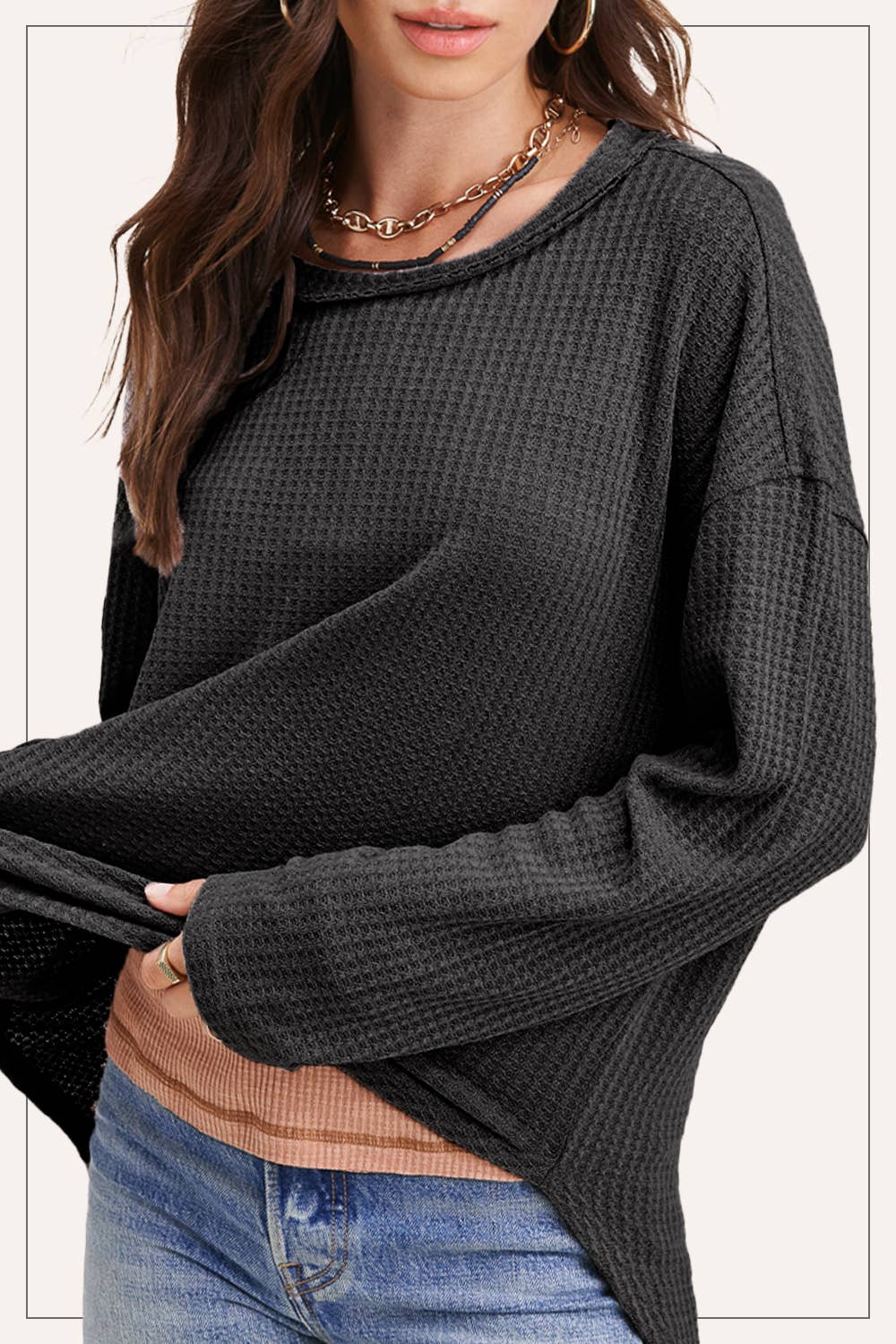 Brushed Waffle Fabric Loose Fit Long Sleeve Top