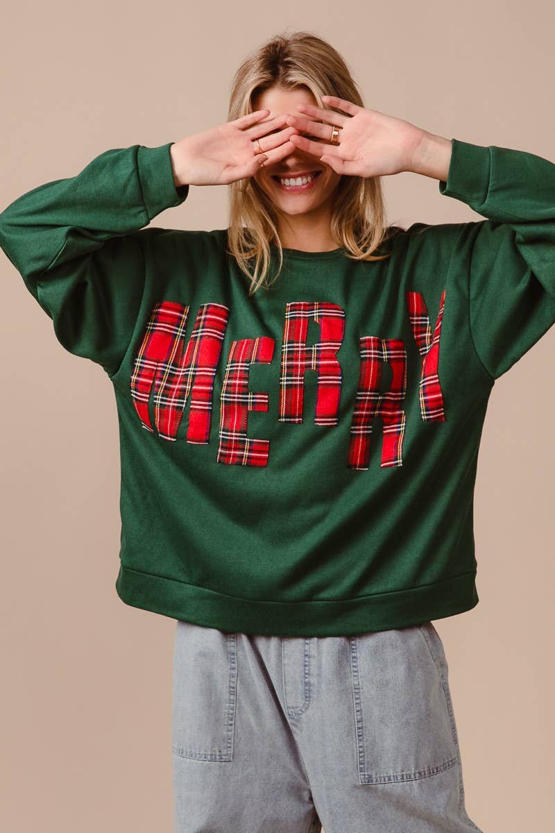 Plaid Merry Lettering Christmas Fleece Sweatshirt