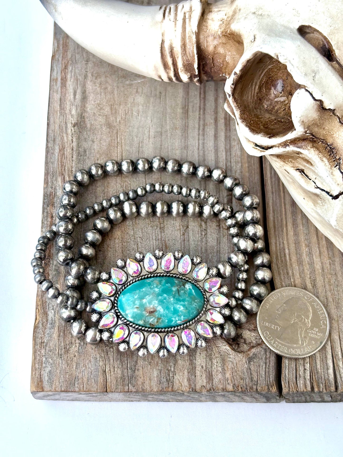 3 Layered Navajo Pearl Stretch Bracelet w/ Turquoise Stone