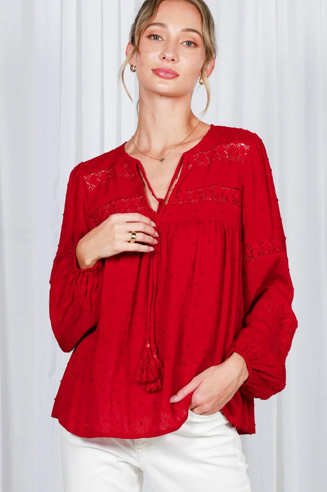 Lace Trim Swiss Dot Rayon Gauze Tassel Tie Neck Top VT82515- - Southern Sassy Boutique