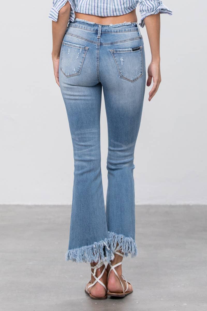 Mid Rise Long Bottom Frayed Crop Flare Jeans - Southern Sassy Boutique