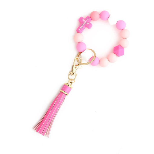 Cross Color-Block Silicone Bead Bracelet Keychain