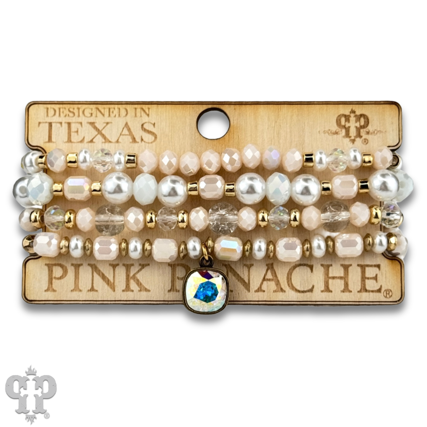 Pearl, glass and gold bead bracelet with Austrian crystal