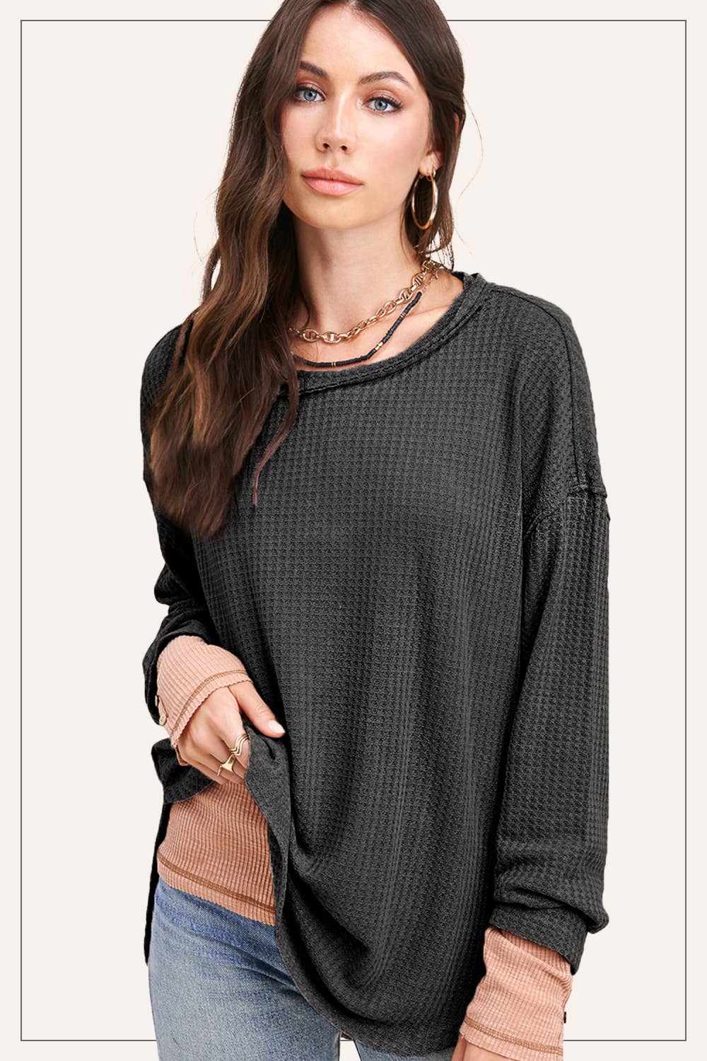 Brushed Waffle Fabric Loose Fit Long Sleeve Top